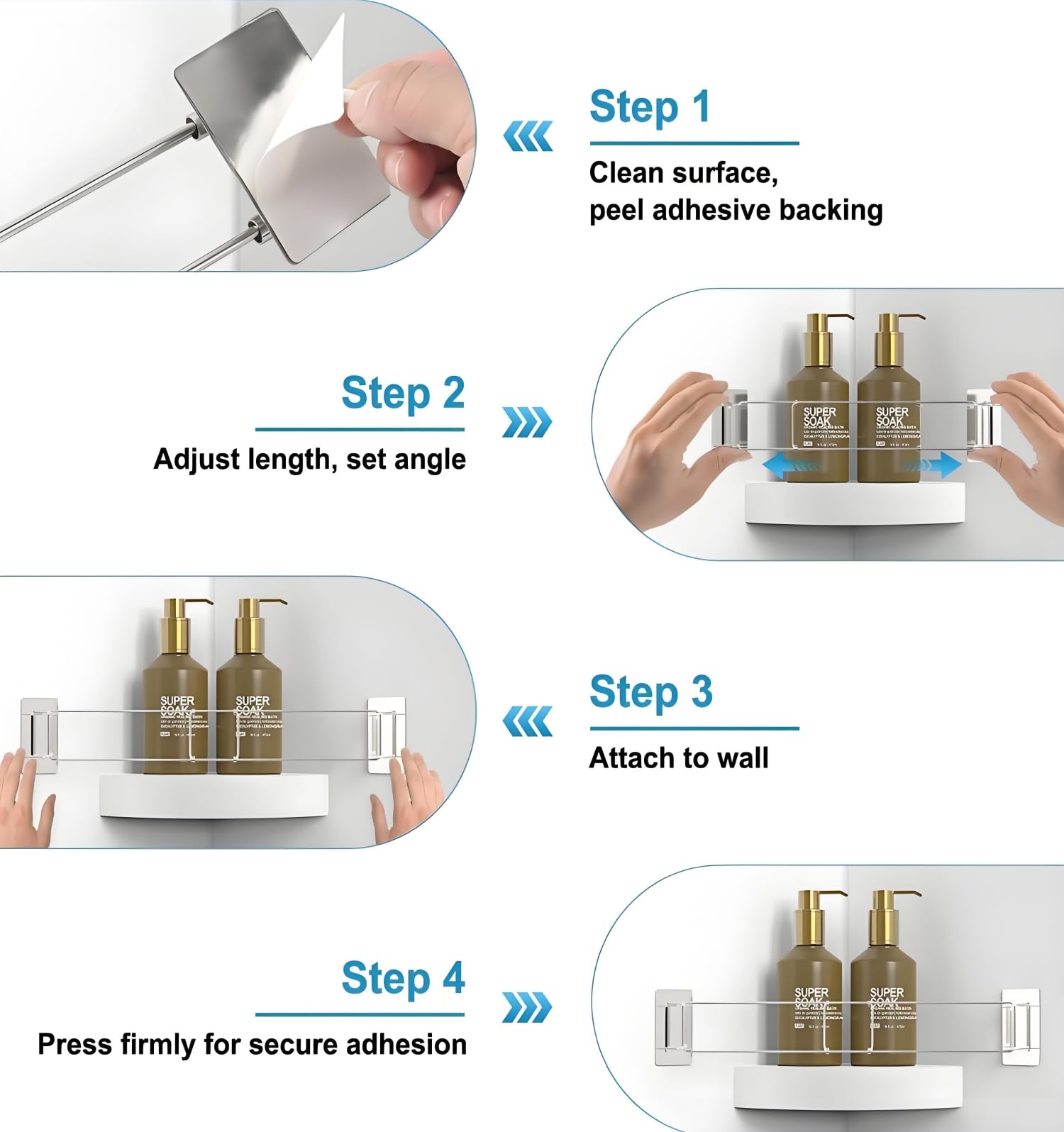 WanDwel RV Shower Corner Bar Adjustable 7-13 Inches Stainless Steel Camper Bathroom Caddy Storage Organizer, Pre-Applied Adhesive for Easy Install 2 Pack