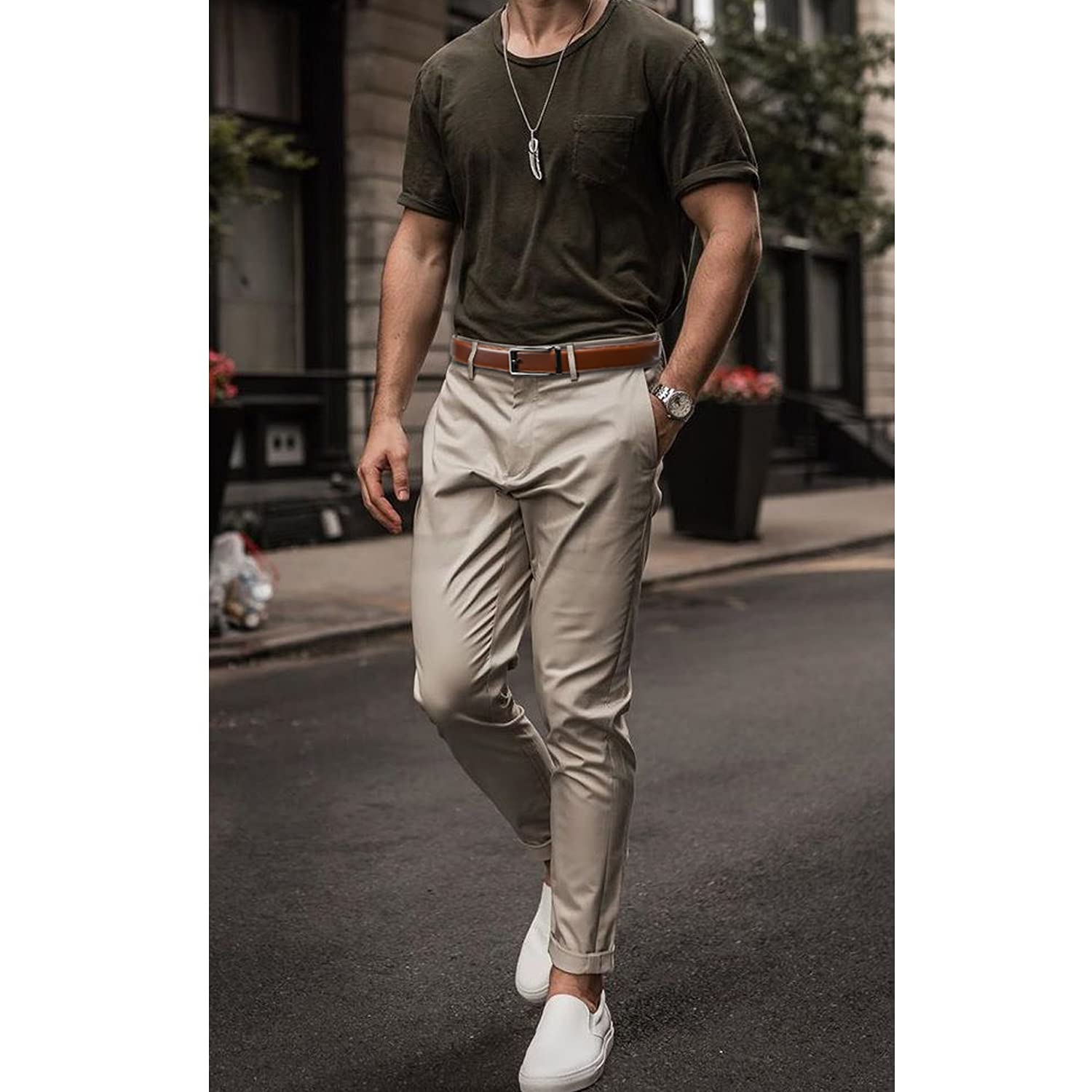 Founders & C Men's Leather Ratchet Comfort Click Belt Dress with Slide Buckle -Adjustable Trim to Fit (28"-42" Waist Adjustable, Burnt Umbe/Cognac)