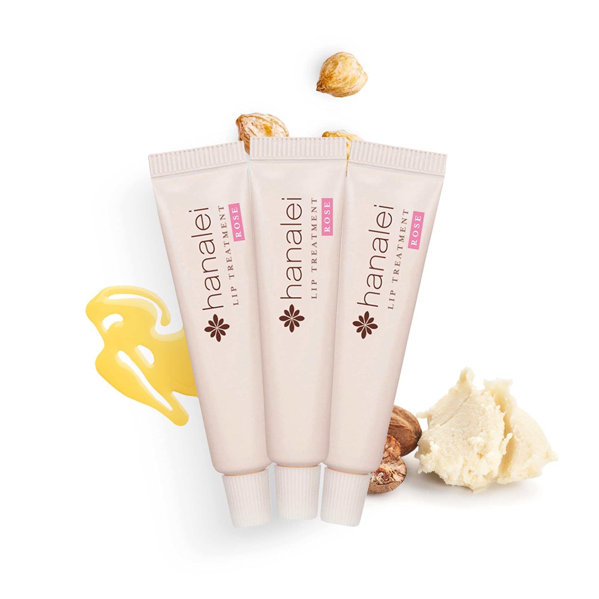 Hanalei Lip Treatment Bundle (Full-size and Travel-size 3 pack in Rose) | Made with Kukui Oil, Shea Butter, Agave, and Grapeseed Oil, Soothe Dry Lips (Cruelty free, Paraben free)