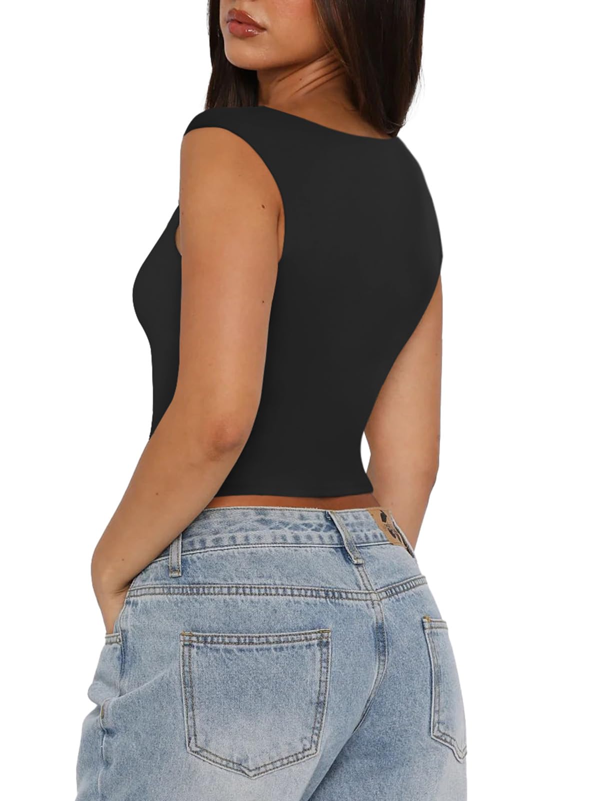REORIA Women's Summer Sexy Casual V Neck Double Lined Seamless Sleeveless Slimming Going Out Trendy Basic Crop Tank Top Tees Black Medium