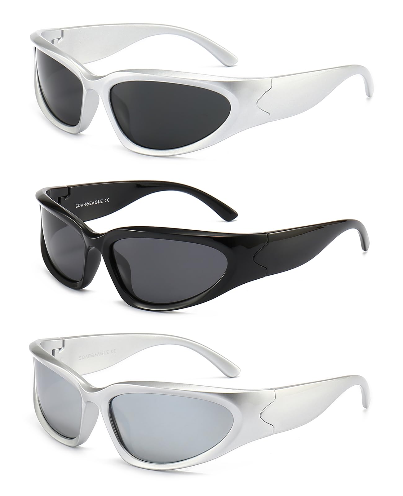SOAR&EAGLE Y2K 3Pack Polarized sunglasses Men's sunglasses Women's sunglasses Fashion Sport Shades Sun Glasses(Silver frame gray sheet, Silver frame silver sheet, Bright black gray sheet)