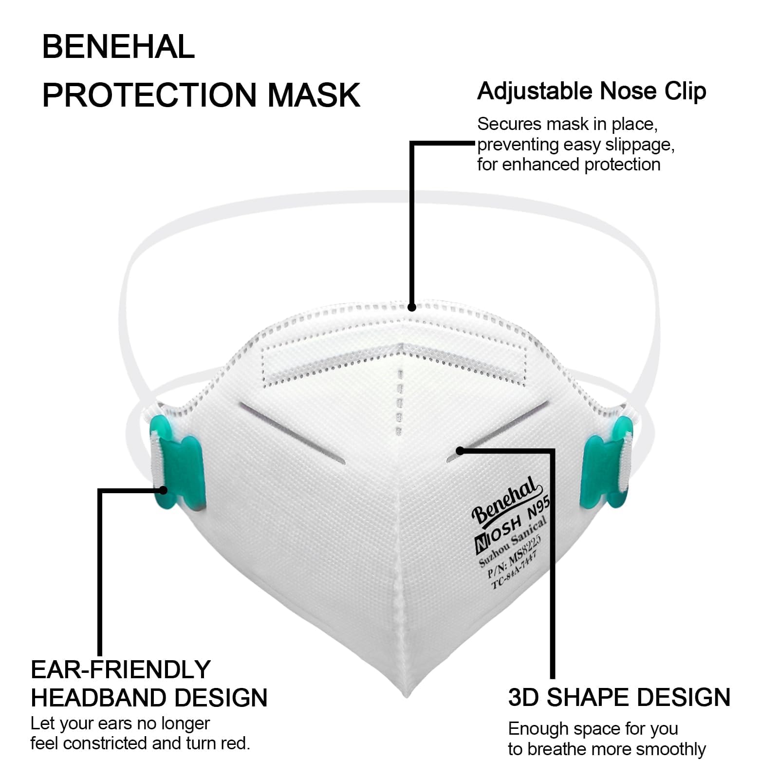 benehal NIOSH Approved N95 Mask Particulate Respirators, Pack of 25 N95 Face Masks, Individually Wrapped,White