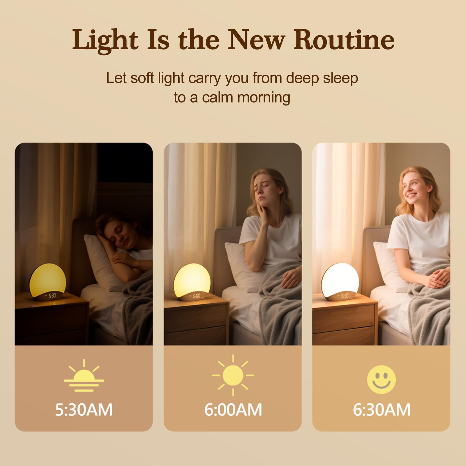 REACHER Wood Grain Sunrise Alarm Clock and Sound Machine Nightlight, Digital Dimmable Clock for Bedroom, 26 Sleep Sounds, White Noise Machine for Baby, Adults, Wake Up Light Alarm Clock for Kids