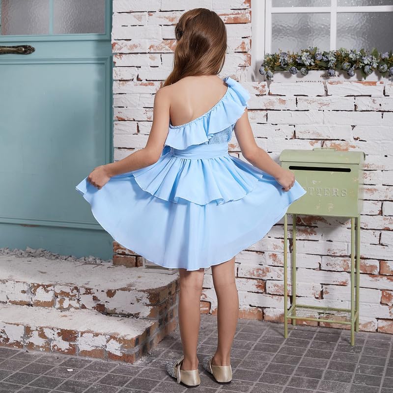 CHILDRENSTAR Girls Chiffon Dress Ruffles Smocked Sleeveless Blue Tiered Flowy Dresses,Size 4t 5t