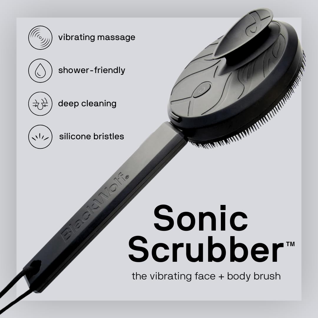 Black Wolf Vibrating Shower Brush for Face, Back & Body, Sonic Scrubber Pro - Water Resistant, 4 Settings, 2 Speeds & 2 Modes, Massage Brush with Charcoal Infused Silicone Bristles for Deep Clean