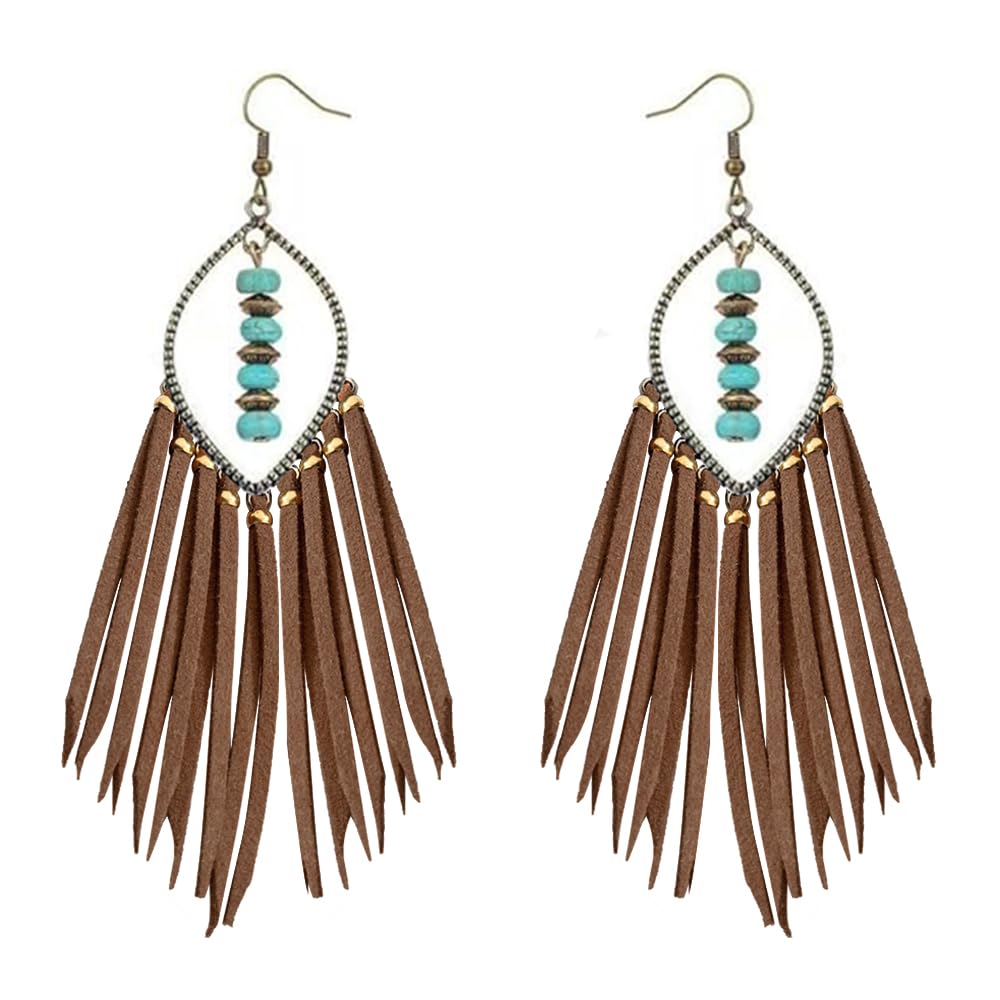WZJLY 1 Pair of Zinc Alloy Turquoise Copper Beads Bohemian Pure Handmade Tassel Earrings (Brown)