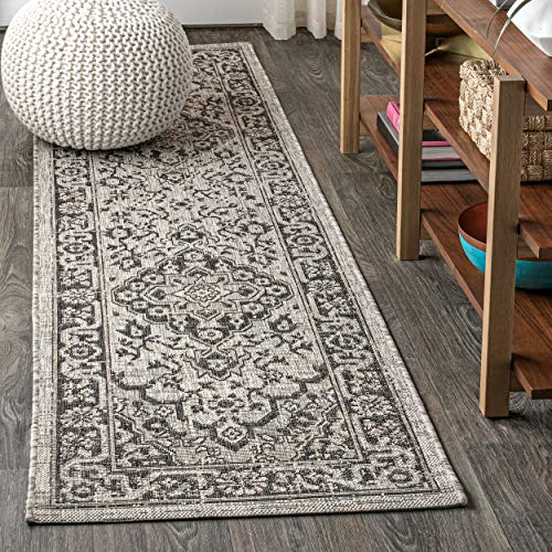 JONATHAN Y SMB102D-28 Rozetta Boho Medallion Textured Weave Indoor Outdoor Runner Rug Coastal Bohemian Rustic Glam Easy -Cleaning Bedroom Kitchen Backyard Patio Non Shedding, 2 X 8, Gray/Black