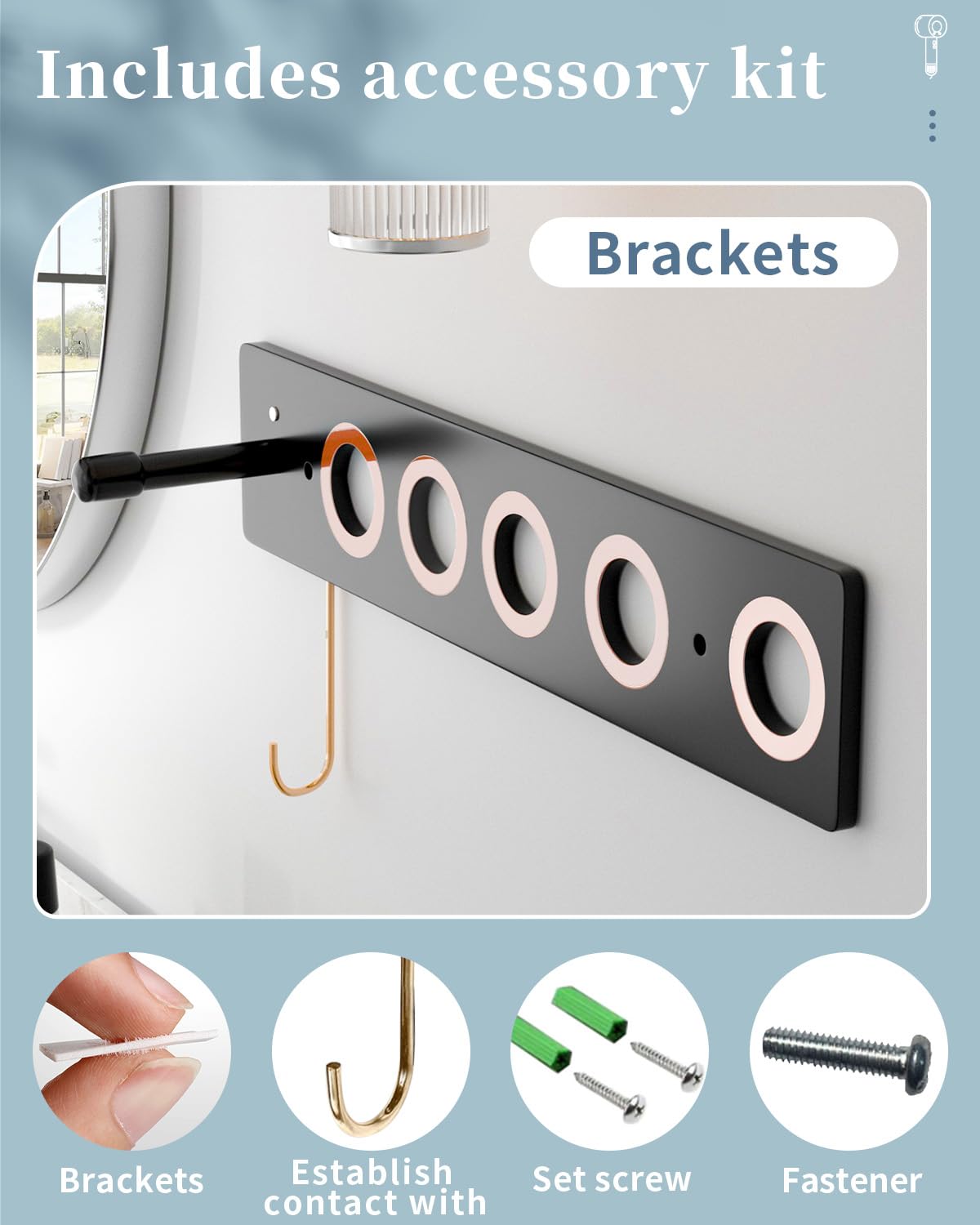 6-in-1 Magnetic Wall Mount for Dyson Supersonic Hair Dryers (HD15, HD08 and Previous Models), with 5 Magnetic Rings for The Accessories (Black)