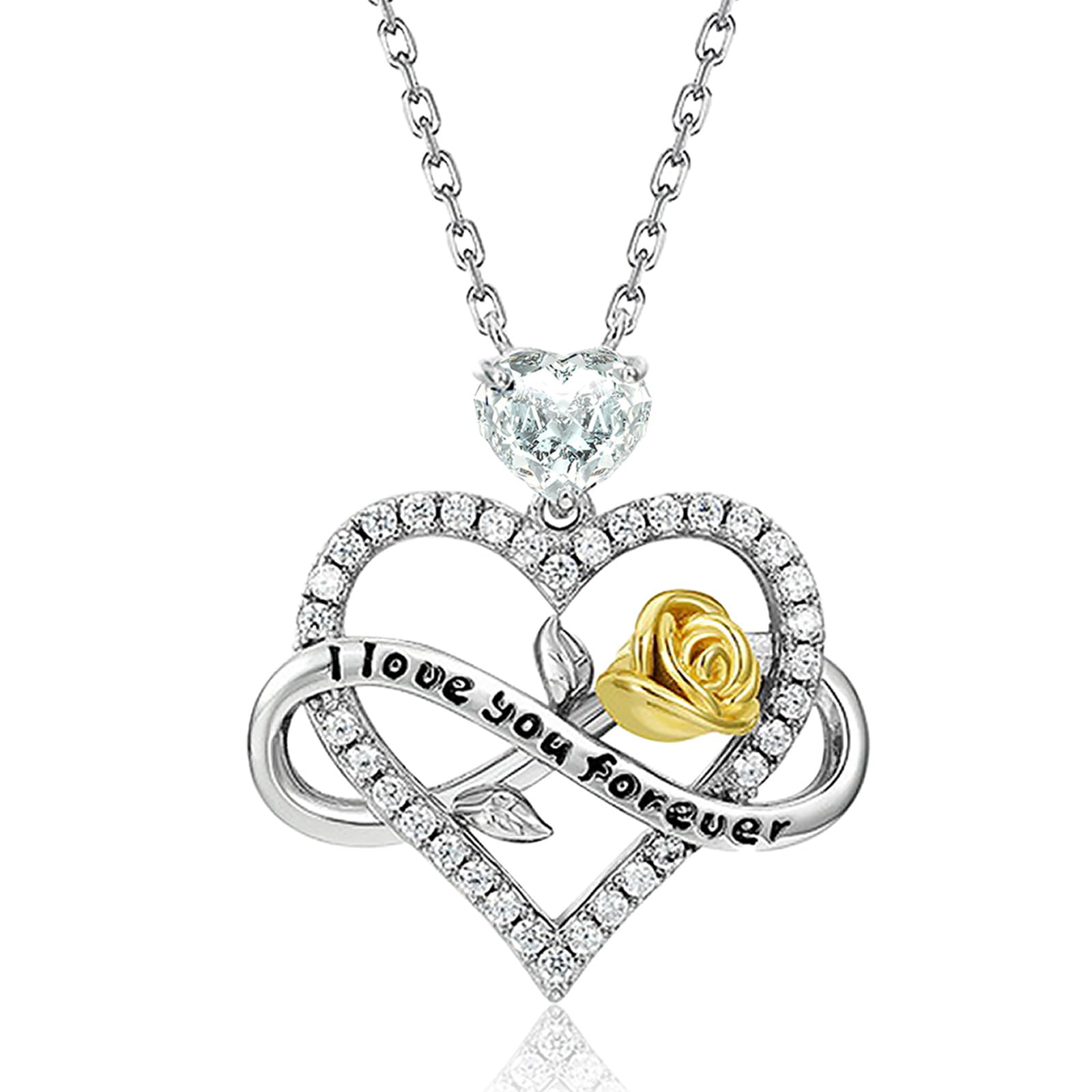 RUKYU 925 Sterling Silver Heart Necklace – 18K White Gold Plated Charm Pendant with Sparkling Cubic Zirconia - Elegant Heart Necklaces for Women on Birthday,Graduation