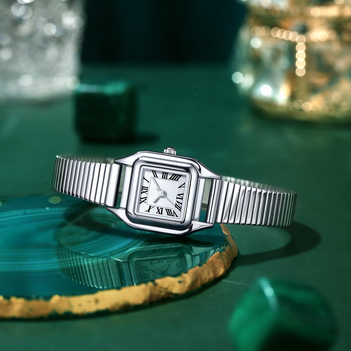 BESTKANG Women Watch Square Stainless Steel Waterproof Analog Quartz Roman Numerals Watch (Silver)