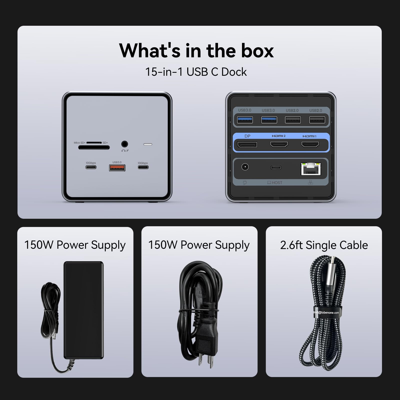 TobenONE USB C Docking Station Dual/Triple Monitor, USB C Dock with 150W Power Adapter, 2 HDMI, DP, 2 USB-C 3.2, 5 USB, SD 4.0/TF, RJ45, Laptop Docking Station for Dell/HP/Lenovo/Surface/Chromebook