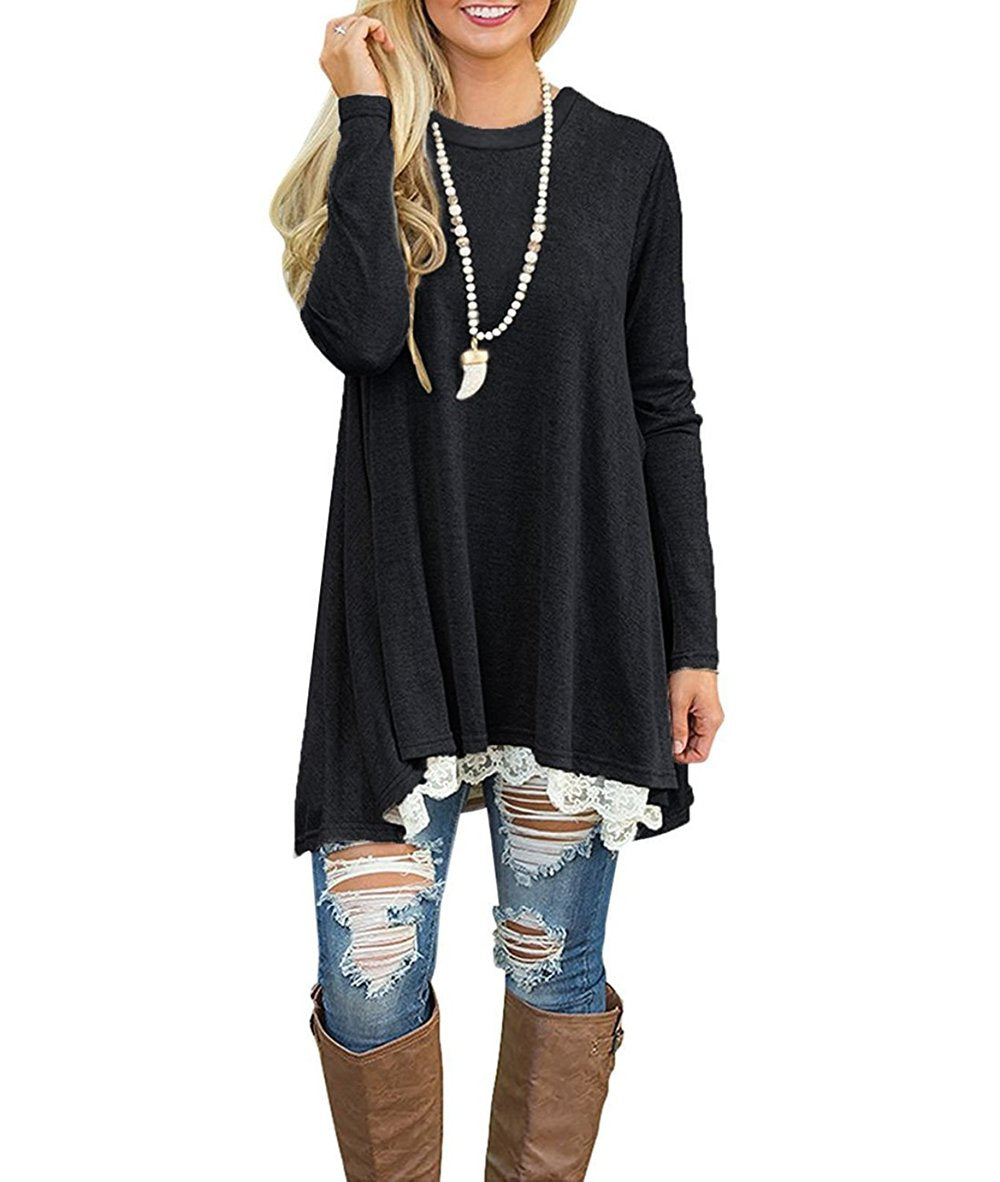 WEKILI Women's Tops Long Sleeve Lace Scoop Neck A-line Tunic Blouse Black L/US 12-14