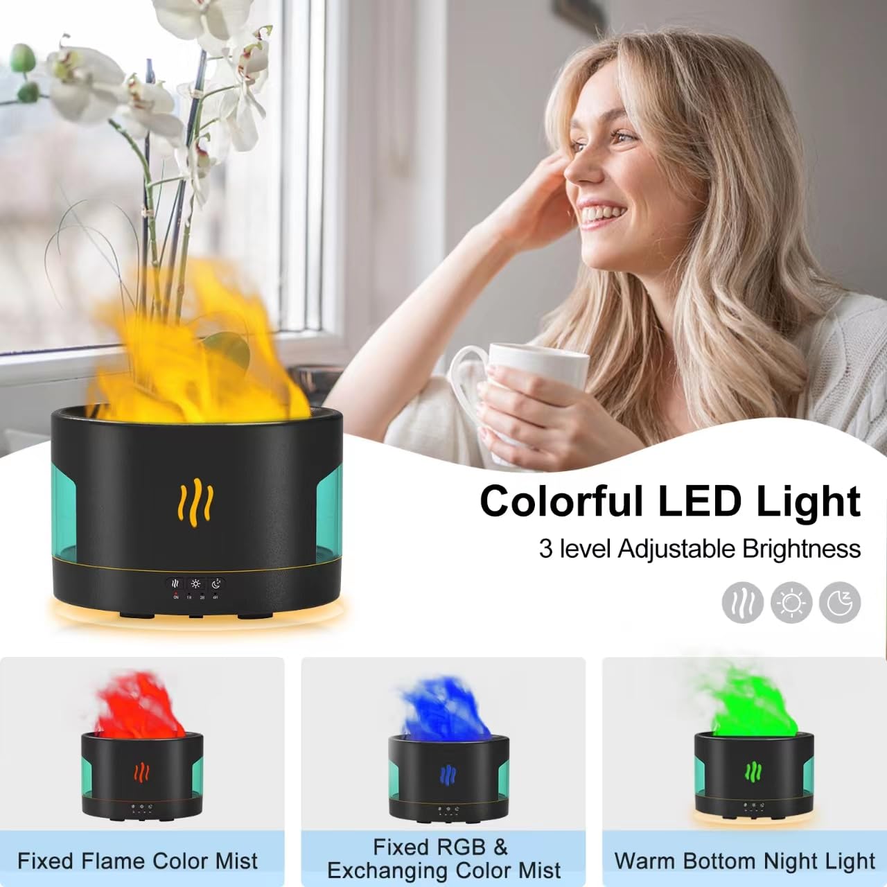 POSVIU Oil Diffusers for Home Large Room, 450ml Air Humidifier with Bluetooth Speaker, White Noise and Remote, Flame Humidifier for Bedroom, Office, 7 Colors Diffuser Gifts