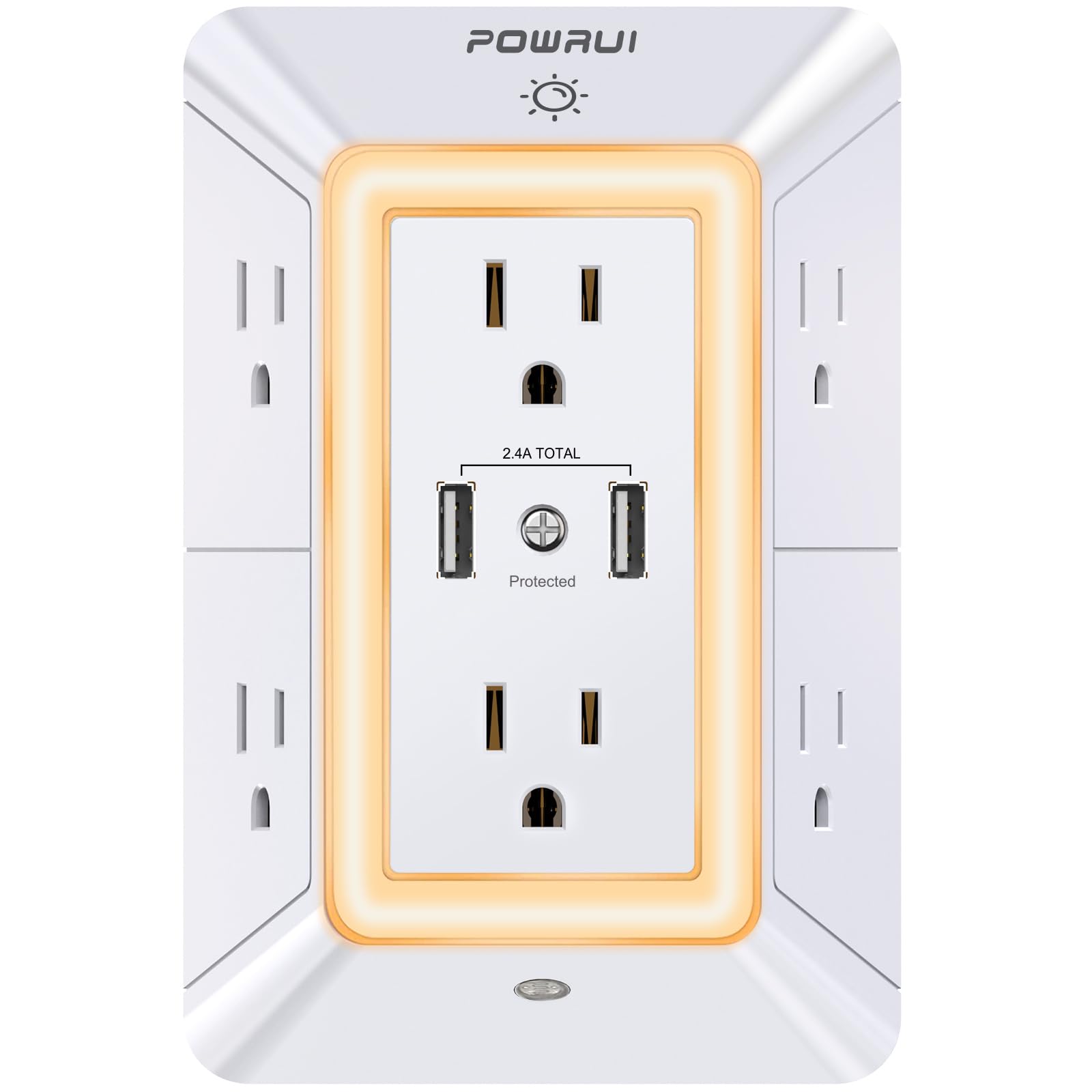 USB Wall Charger, Surge Protector, POWRUI 6-Outlet Extender with 2 USB Charging Ports (2.4A Total) and Night Light, 3-Sided Power Strip with Adapter Spaced Outlets - White,ETL Listed