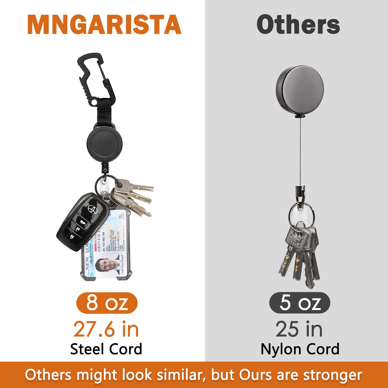 MNGARISTA 2 Pack Retractable Keychain, Multitool Carabiner Badge Holder, 8oz Retraction, Heavy Duty Badge Reel, Retractable Key Chain with Steel Cable and Key Ring, Black