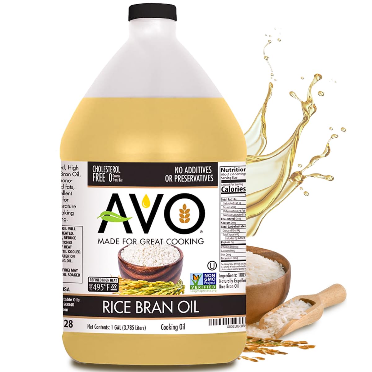 AVO NON GMO 100% Rice Bran Oil, 1 Gallon, No Preservatives Added