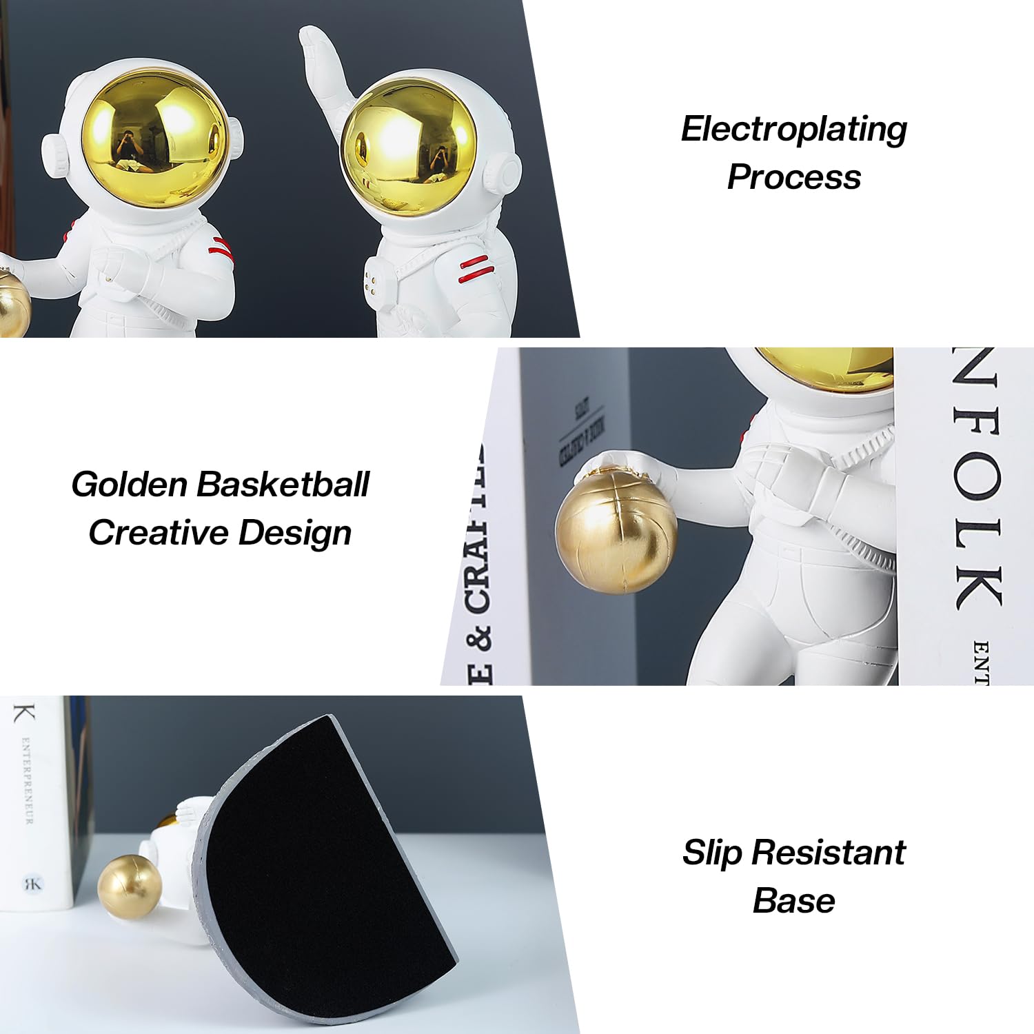 Ureymx Astronaut Bookends, Space Theme Bookends for Shelves, Unique Office Home Room Heavy Duty Bookends Decorative, Book Ends with Anti Slip for Kids Rooms Decor Boys Girl Idea Gift (Gray)