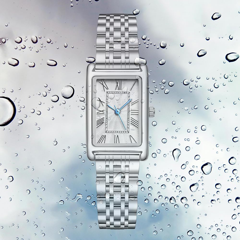 BESTKANG Rectangle Watches for Women Stainless Steel Strap Womens Watch Dainty Fashion Waterproof Square Women's Wrist Watch (Gold White)