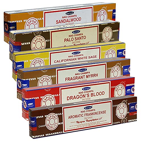 Satya Incense Sticks Variety Pack #10 and Holder Bundle with 6 Classic Fragrances Sandalwood Dragon's Blood Palo Santo White Sage