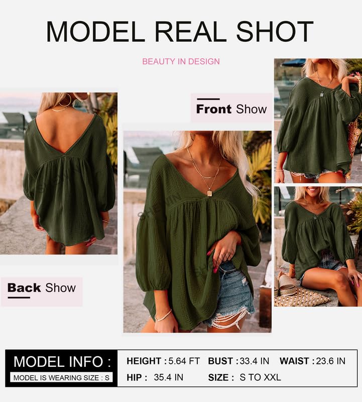 SHEWIN Womens Tops Dressy Casual Loose V Neck Long Sleeve Shirts Oversized Peasant Blouses Trendy Fall Clothes for Women 2024,(US 16-18) XL,White