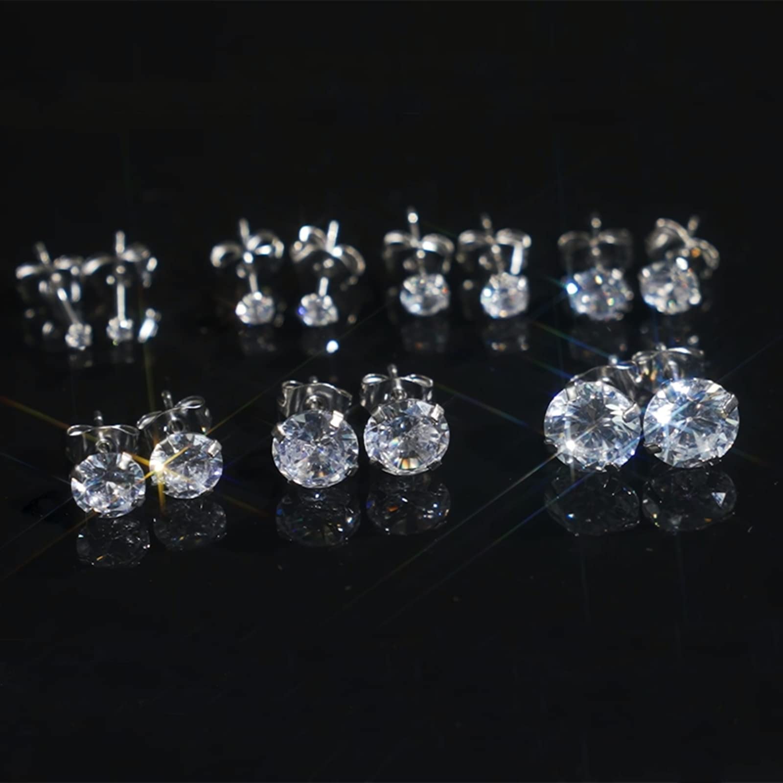 Silver Gold Black Stud Earrings Set 7Pairs Hypoallergenic Cubic Zirconia Titanium Stainless Steel Silver Rose Gold Black CZ Cartilage Stud Earrings Jewelry Sets for Women Men, 2-8mm CZ Stud Earrings