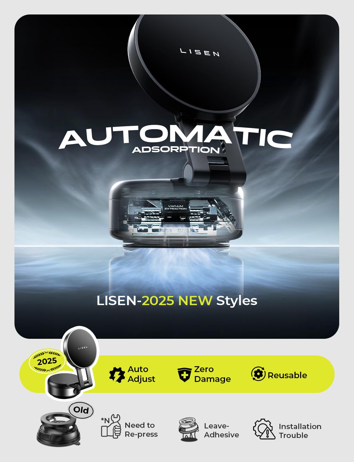 LISEN for iPhone 17 Portable Electric Vacuum Suction Phone Holder for Car MagSafe, Magnetic Phone Holder for Car Suction Cup Phone Mount Foldable for iPhone 17 Pro Max Air /16/15/14/13/12