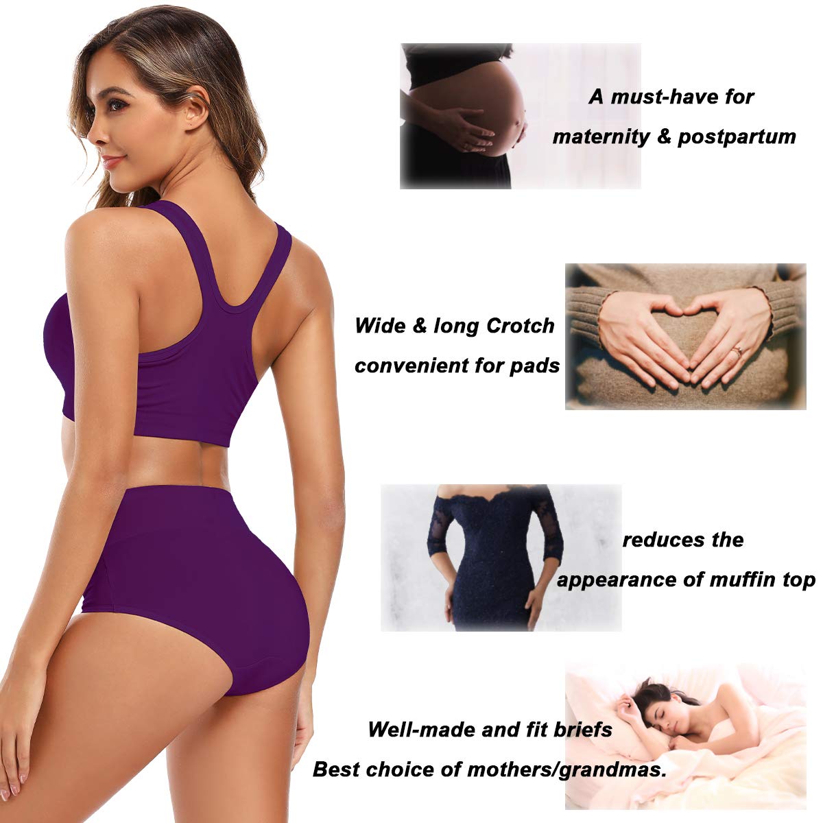 Molasus Women's Soft Cotton Underwear Briefs High Waisted Postpartum Panties Ladies Full Coverage Plus Size Underpants Pack of 5,Medium