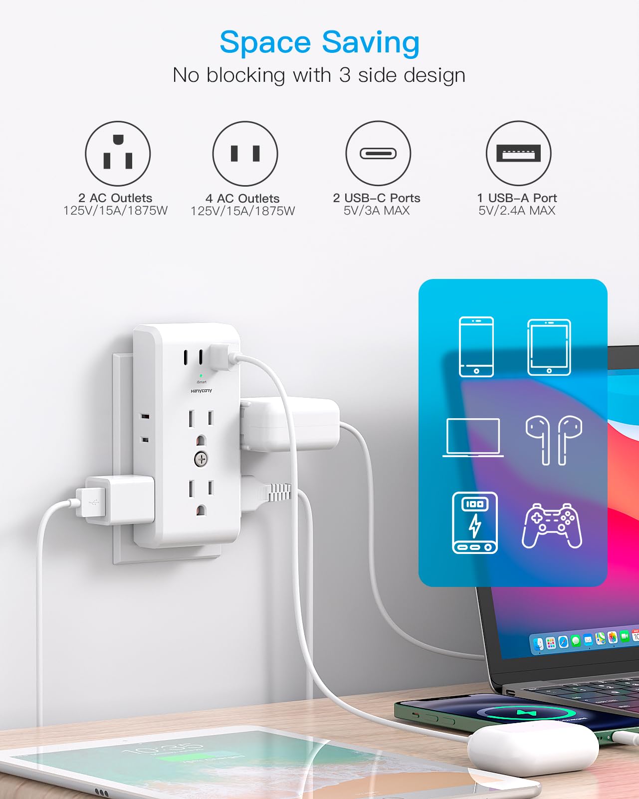 Multi Plug Outlet Extender, HANYCONY 6 Electrical Outlet Splitter 3 USB Ports(2 USB C), Power Strip Multiple Wall Outlet Adapter Expander for Home Office Travel College Dorm Room Essentials, White