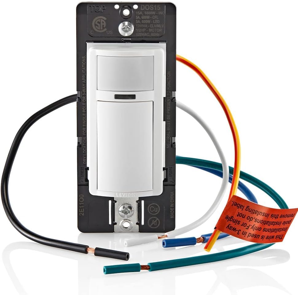 Leviton DOS15-1LZ Decora Occupancy Motion Sensor In-Wall Switch, Auto-On, 15A, Single Pole, Multi-Way or Multi-Sensor, White with Ivory, Light Almond Faceplates