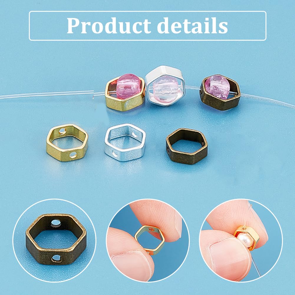 PH PandaHall 80pcs Hexagon Bead Frame, 4 Colors Brass Polygon Frame Connectors 6x7x2mm Loose Beads Two Hole Frame Spacer Beads Circle Bead Frame for Beading Earring Bracelet Necklace Making