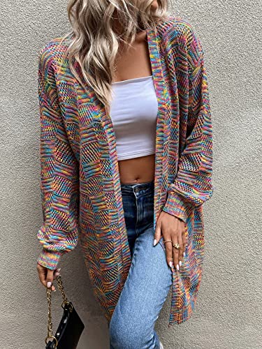 SweatyRocks Women's Color Block Long Sleeve Open Front Cardigan Sweater Knit Crop Top Colorful S