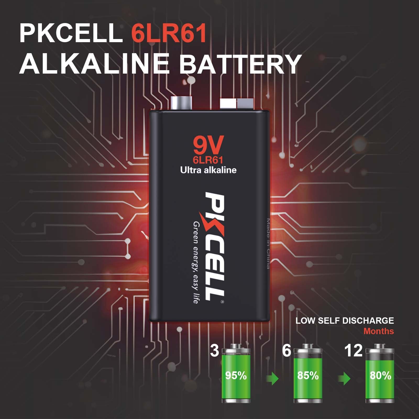 PKCELL Smoke Alarms Battery, 9V Maximum Power Dry Battery (8 Count) - Ultra Long-Lasting 9V Batteries for Smoke Detector 9V 6LR61 Alkaline