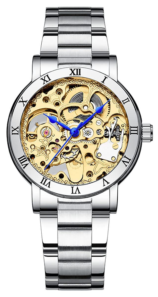 BESTKANG Womens Skeleton Watch Automatic Self Winding Luxury Waterproof Silver Stainless Steel Silver Watches (Gold)