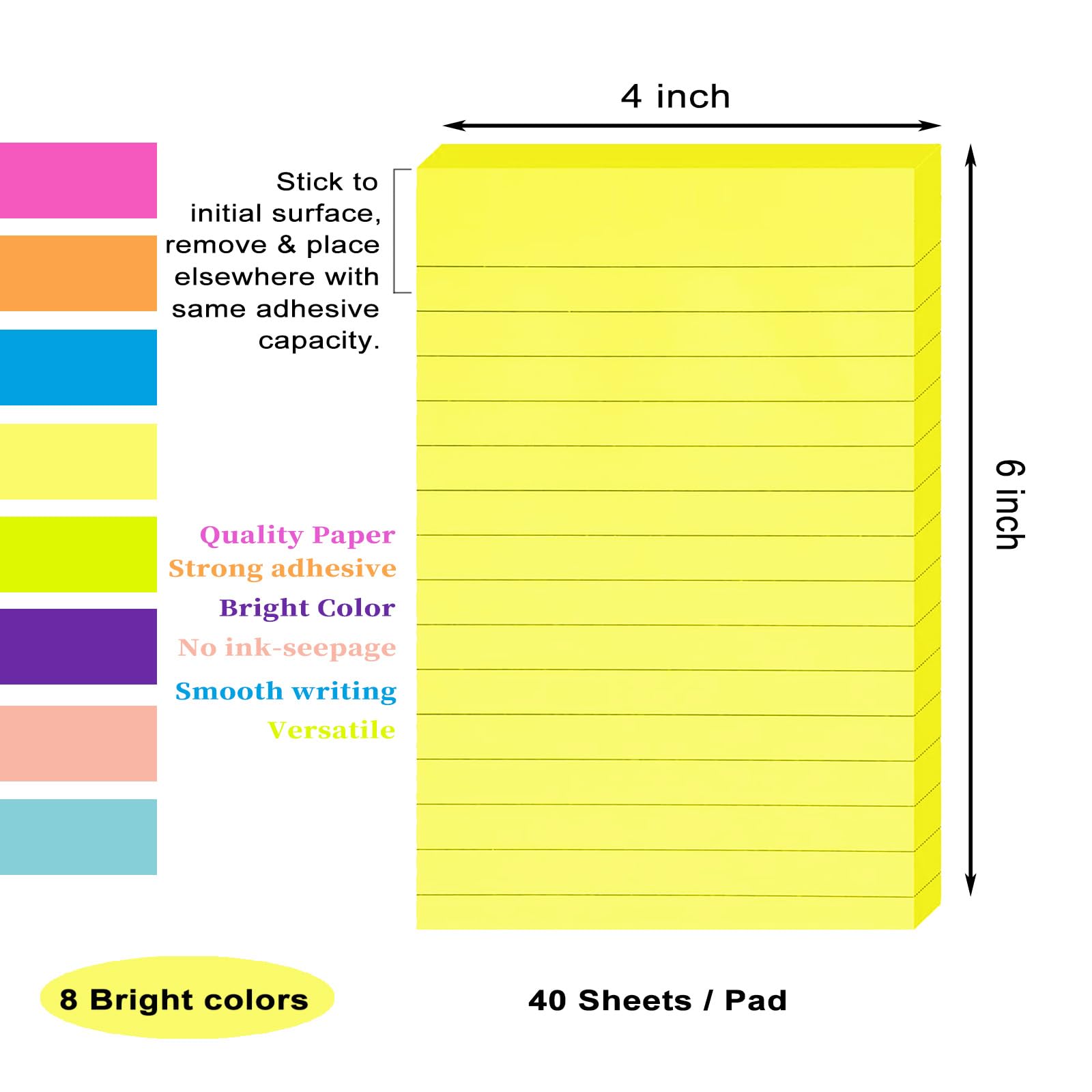 8 Pack Lined Sticky Notes 4X6 in Post, Large Ruled Post Sticky Colorful Super Sticking Power Memo Pads Strong Adhesive,Sticky Notes Lined for Office, Home, School, 40 Sheets/pad