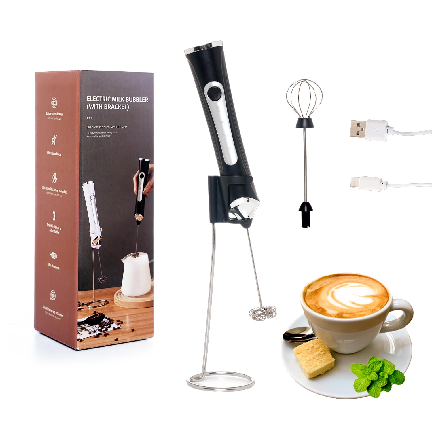 Rechargeable Milk Frother Handheld For Coffee,3 Speeds Frother Wand With Stand, Batidora De Mano Electrica,Coffee Frother With 2 Heads,Drink Mixer Electric Handheld,Kitchen Essentials(Black)