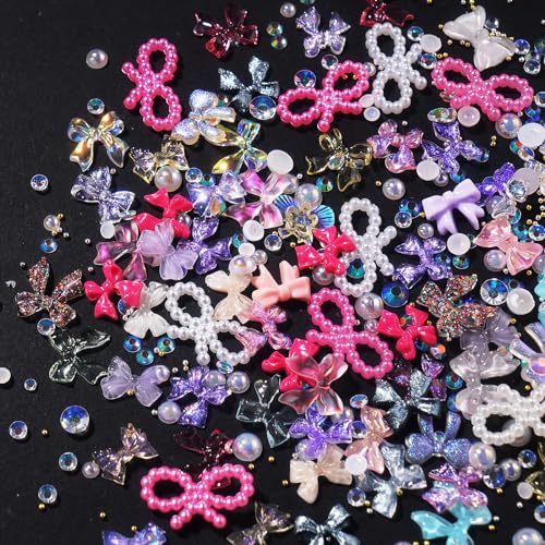 300Pcs Variety Bows Charms for Nails Colorful Pink White Bow Cute Nail Charms Mixed Resin Rhinestones Gold Silver Balls Pearls Bow Nail Gems Charms for Manicure DIY Crafts Accessories