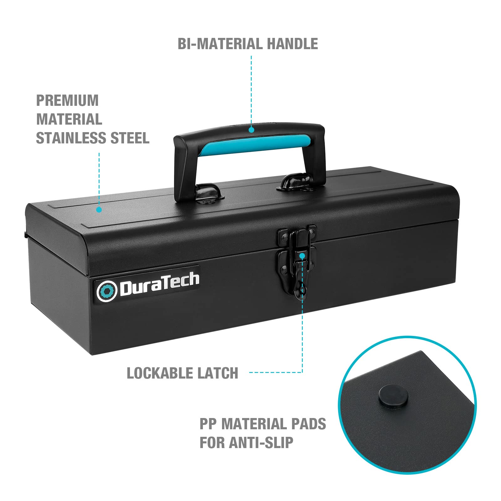 DuraTech Tool Box, 15" Portable Steel Small Tool Box with Metal Latch Closure & Plastic Handle with Anti-slip Base, Multi-Purpose Heavy Duty Toolbox, Black