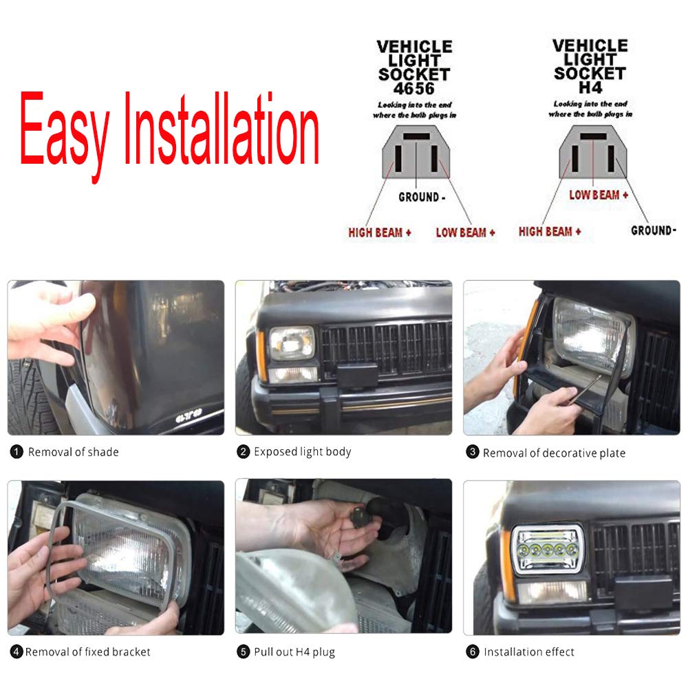 AMUNIESUN Super Bright Pair 7x6 5x7 Headlights 6052 6054 H5054 H6054 Hi/Low Sealed Beam White/Amber Halo Compatible With Jeep TJ JK Cherokee XJ YJ Pickup Dodge Ram Ford Chevy Chevrolet Express Nissan