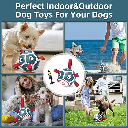 QDAN Dog Toys Soccer Ball with Straps - Durable Dog Balls for Large Dogs, Beach Pool Dog Water Toy, Dog Tug Toys for Tug of War, Puppy Dog Birthday Gifts (8 Inch)