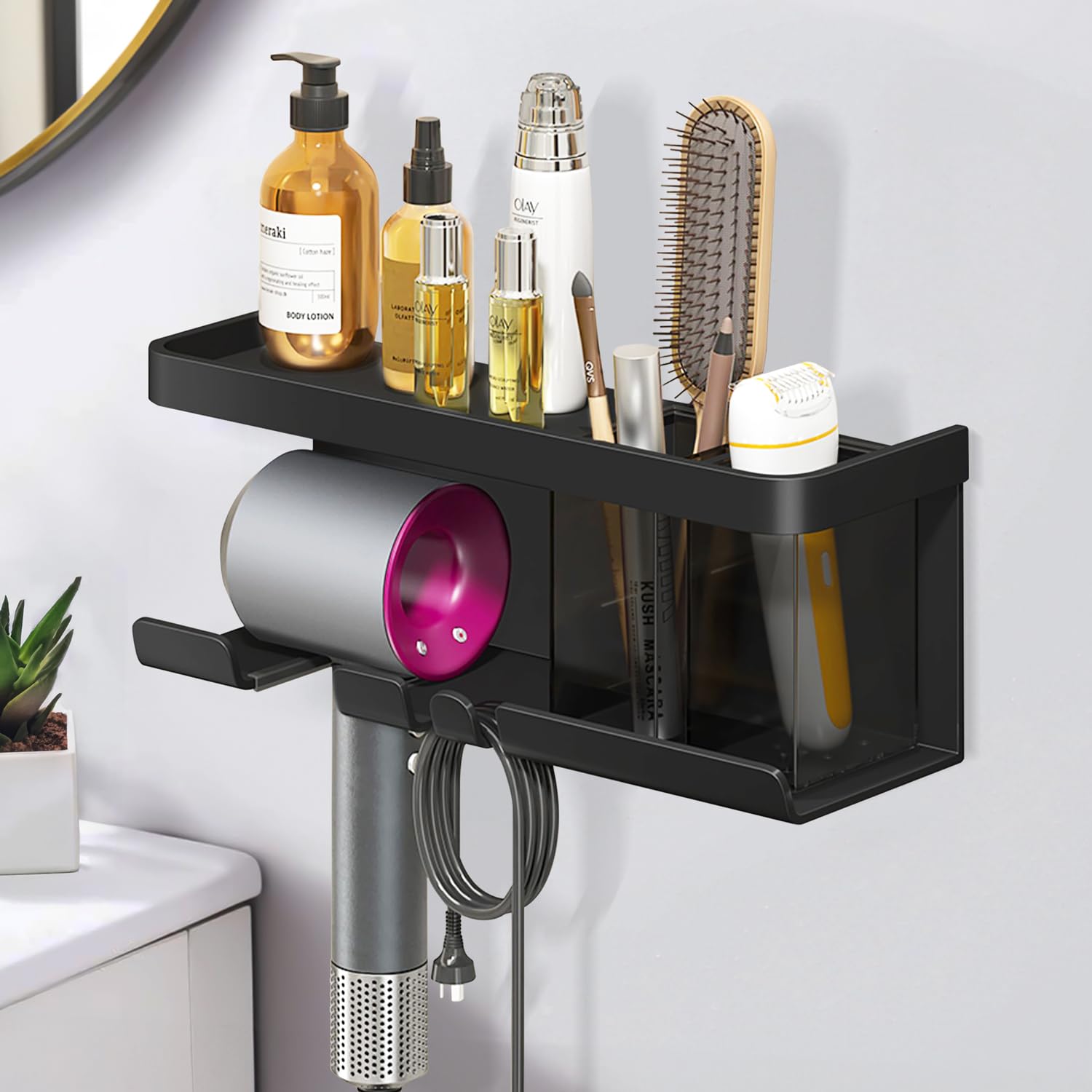 Boomersun Hair Dryer Holder, Blow Dryer Organizer, Hair Dryer Holder Wall Mounted with Shelf for Bathroom, Salon, Bedroom Organizers & Storage(Matte Black)