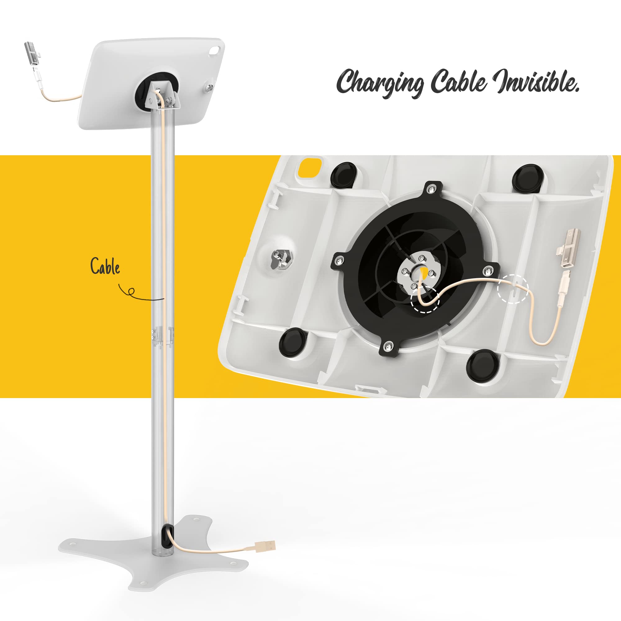 Beelta Tablet Kiosk Floor Stand Adjustable - Compatible with 10.2" iPad 7 8 9th, 120 Degree Rotate Lockable Tablet Enclosure+Aluminum Pole+Metal Base