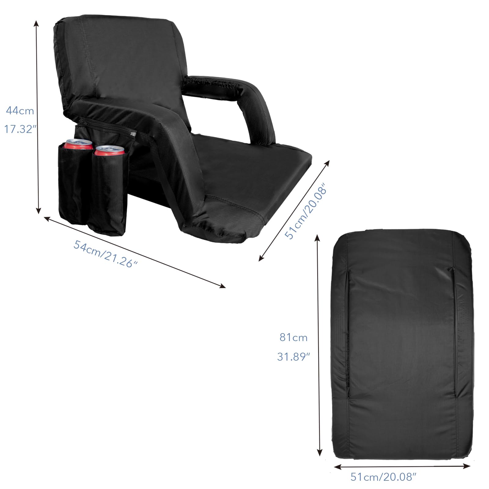 Set of 2 Stadium Seats for Bleachers with Back Support, Padded Cushion Portable Reclining Bleacher Seats, Outdoor Folding Chairs for Adults, Camping Stadium Chair Waterproof (Black)
