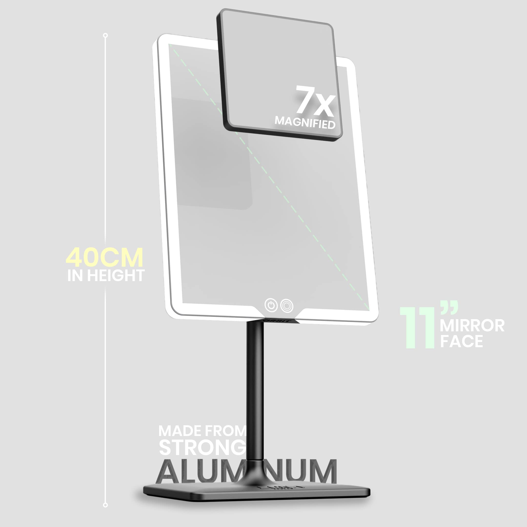 LUNA London Orbit Mirror | Vanity Mirror with Lights, Makeup Mirror, LED Lighted Desk Mirror with Light for Tabletop 7X 1X Magnification Dimmable and Rechargeable | Phantom Black