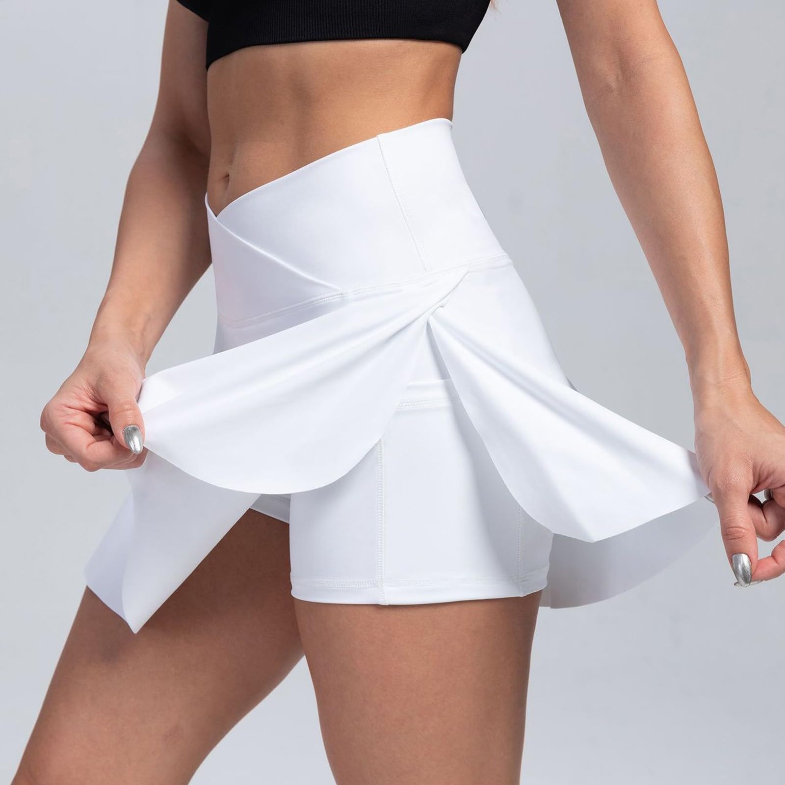 Womens Tennis Skirts with Shorts Cross Elastic High Waisted Tummy Control Golf Skort Gym Workout Skirts with Pockets Womens Golf Skirt Falda Short para Mujer Golf Apparel Tennis Skorts White