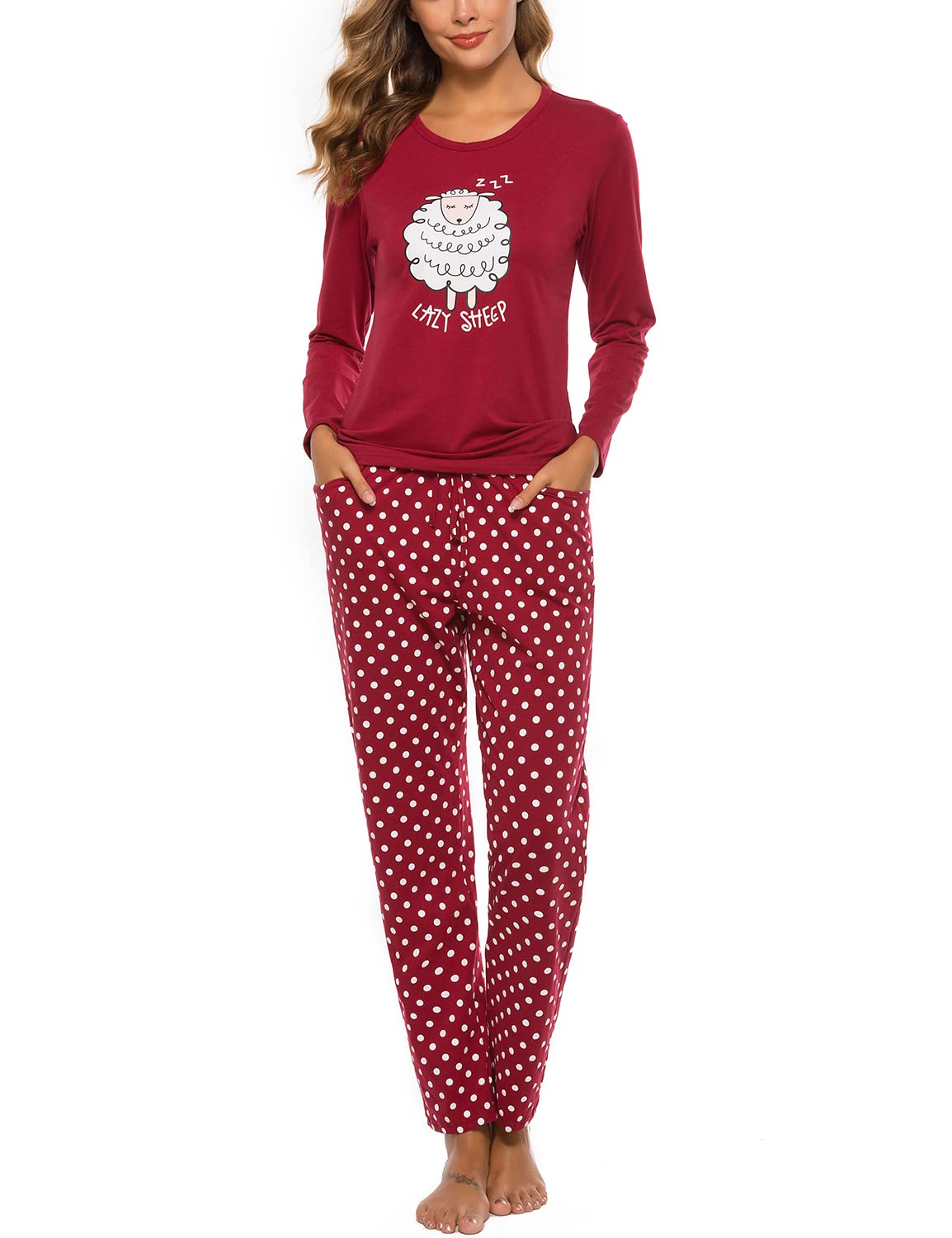 EISHOPEER Womens Long Sleeve Pajamas Set Cute Lazy Sheep Printed Sleepwear Pj Lounge Sets Wine Red XS