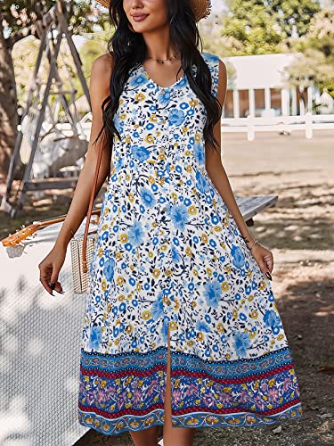 TEMOFON Women's Dress Bohemian Short Sleeve Summer V-Neck Split Floral Printed Casual Maxi Dresses for Beach Party Blue M