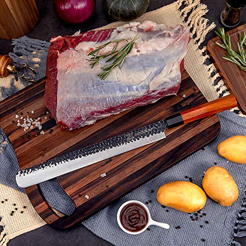 FAMCÜTE 12 Inch Slicing Carving Knife, 5 Layer 9CR18MOV Clad Steel w/octagon Handle brisket knife for Home Kitchen and Restaurant Slicing Brisket Turkey Meat