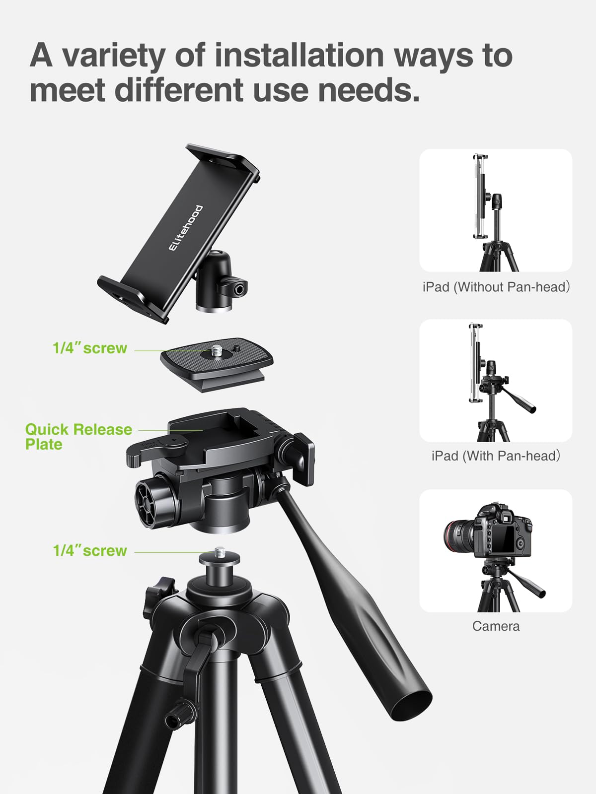 Elitehood 68" Heavy Duty iPad Tripod, Ultra-Stable Camera Tripod for iPad Pro 12.9, iPad Stand Mount for Video Recording/Photography, Compatible with 4.7-13inch Tablet/iPad Pro/Webcam/DSLR