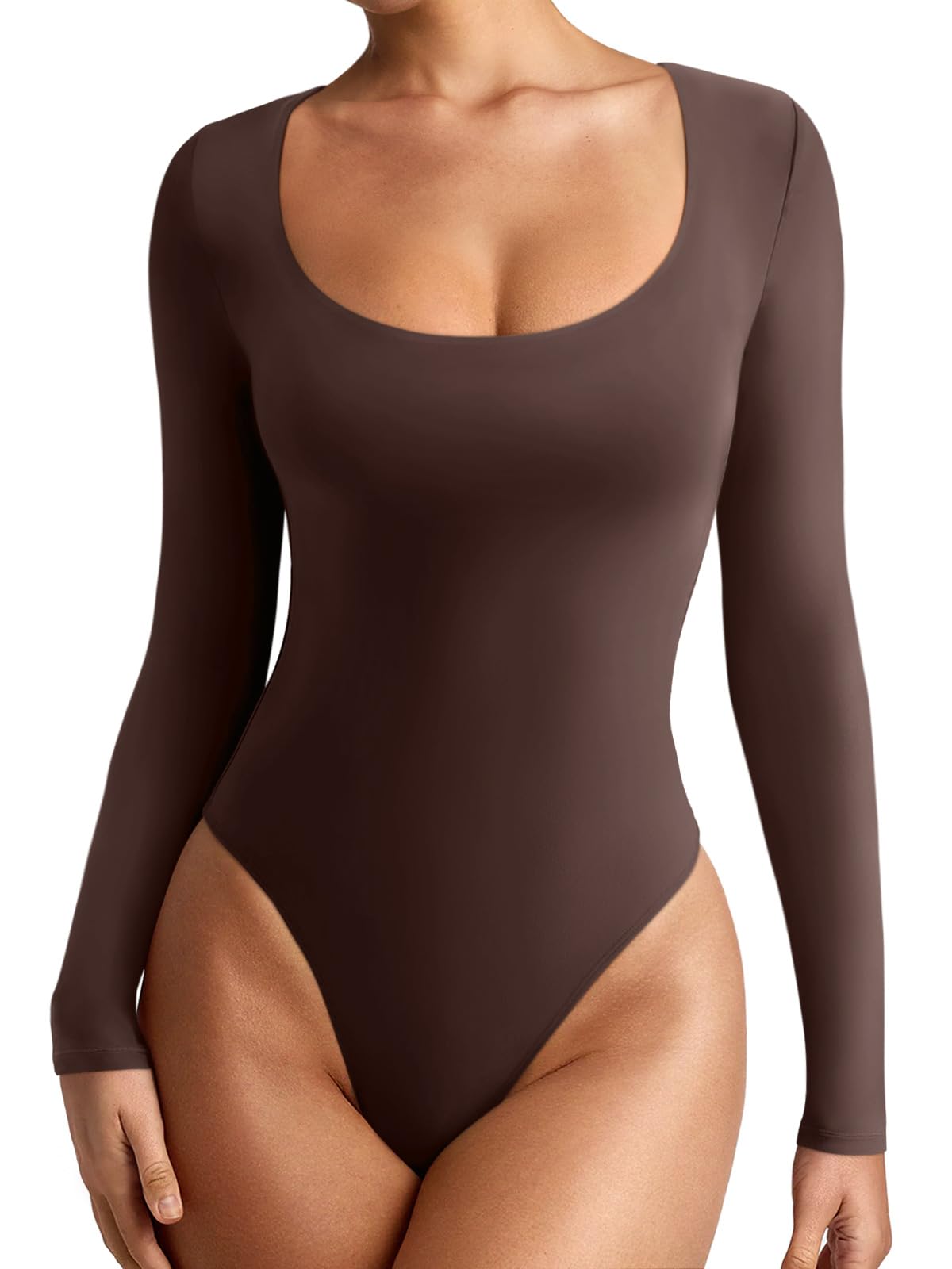 REORIA Womens Basic Sexy Scoop Neck Long Sleeve Leotards Fashion Fall Outfits Double Lined Layering Slim Soft Bodysuits Tops Shaved Chocolate Large