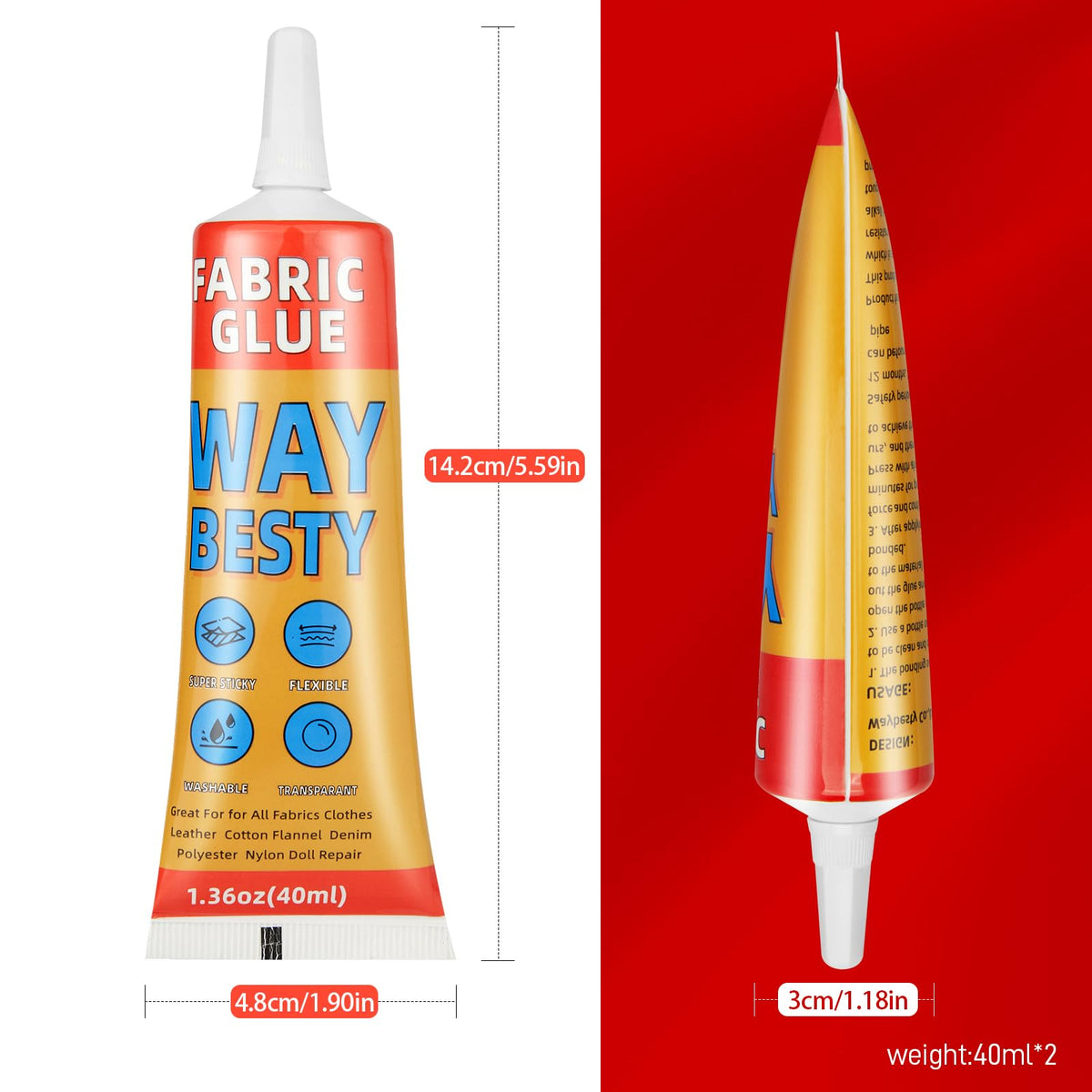 2PCS Fabric Glue, Strong Fabric and Leather Adhesive Permanent Clear Washable Clothing Glue for All Fabrics, Cotton, Flannel, Denim, Leather, Polyester, Doll Repair, 24 Hours Dry and Waterproof